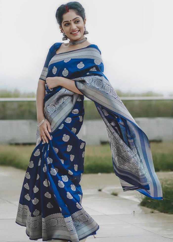 Blue Spun Silk Saree With Blouse Piece - Indian Silk House Agencies