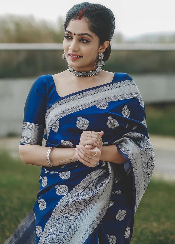 Blue Spun Silk Saree With Blouse Piece - Indian Silk House Agencies