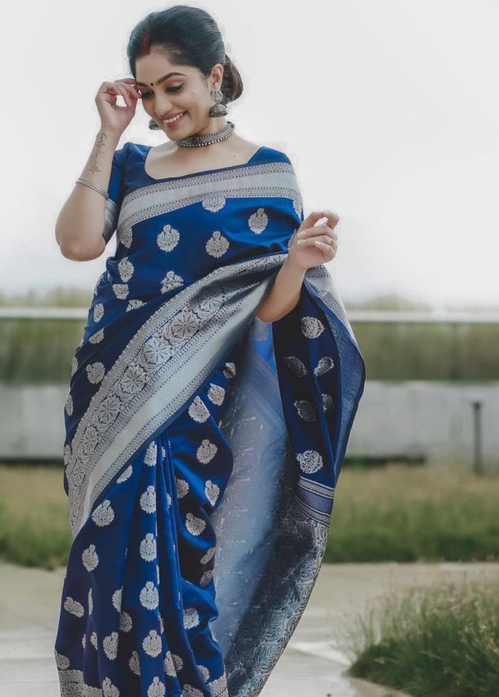 Blue Spun Silk Saree With Blouse Piece - Indian Silk House Agencies