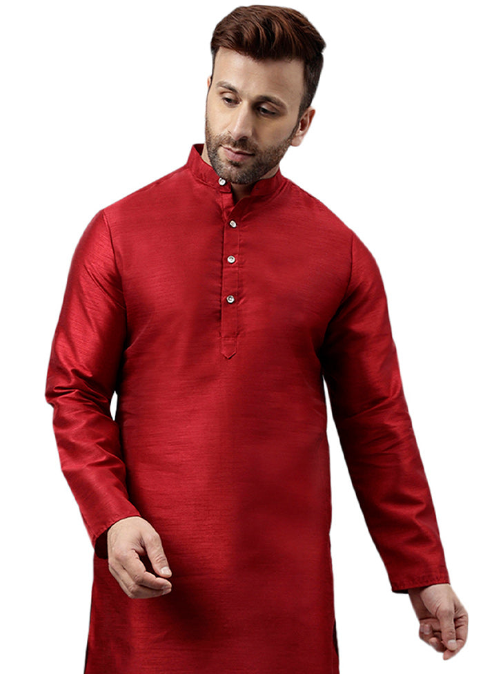 Maroon Dupion Silk Solid Kurta