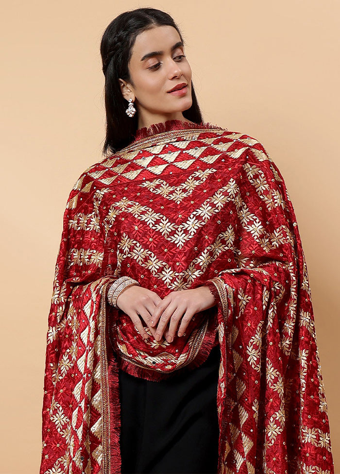 Maroon Chinon Phulkari Work Dupatta