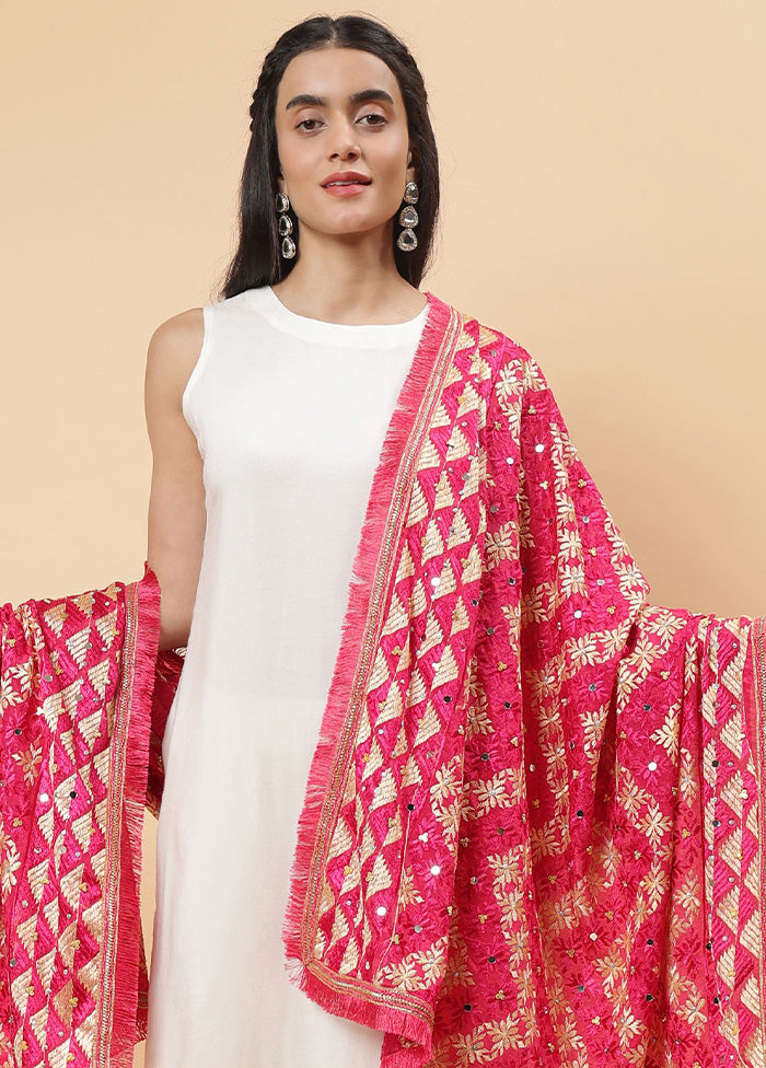 Magenta Chinon Phulkari Work Dupatta