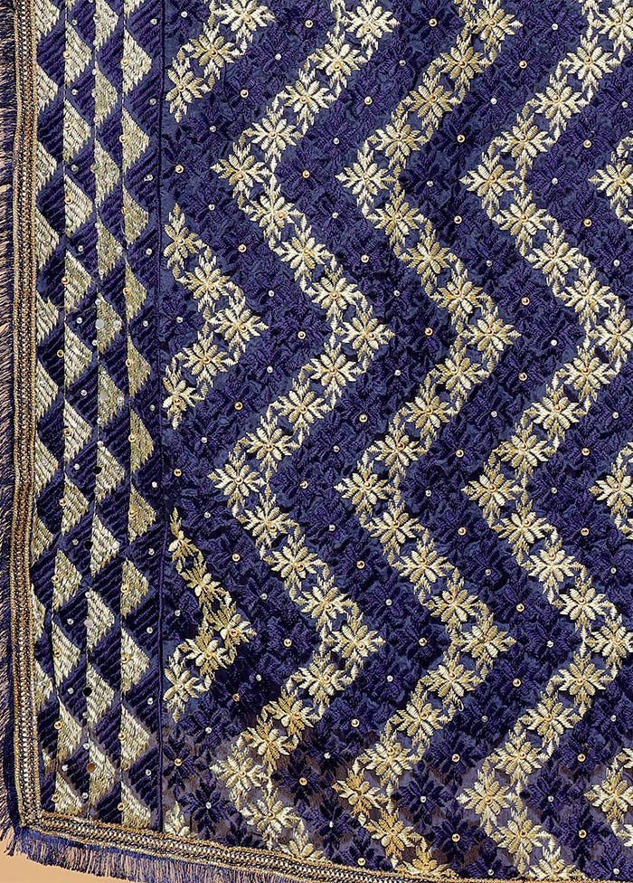 Navy Blue Chinon Phulkari Work Dupatta