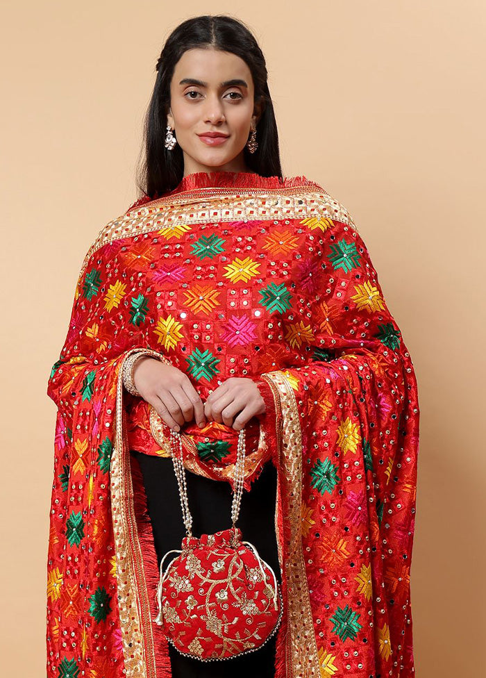 Red Chinon Phulkari Work Dupatta