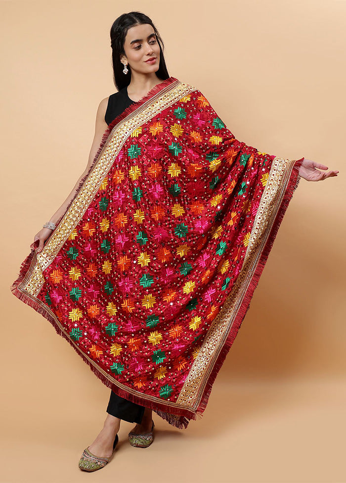 Maroon Chinon Phulkari Work Dupatta