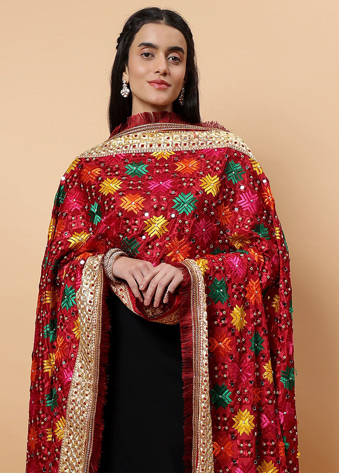 Maroon Chinon Phulkari Work Dupatta