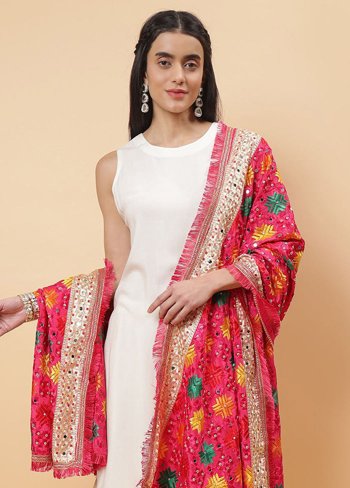 Magenta Chinon Phulkari Work Dupatta