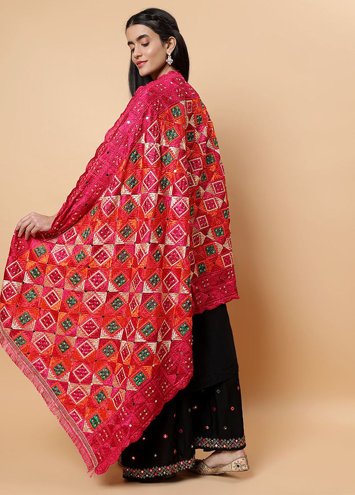 Magenta Chinon Phulkari Work Dupatta