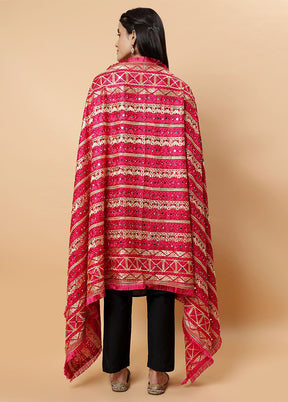 Magenta Chinon Phulkari Work Dupatta