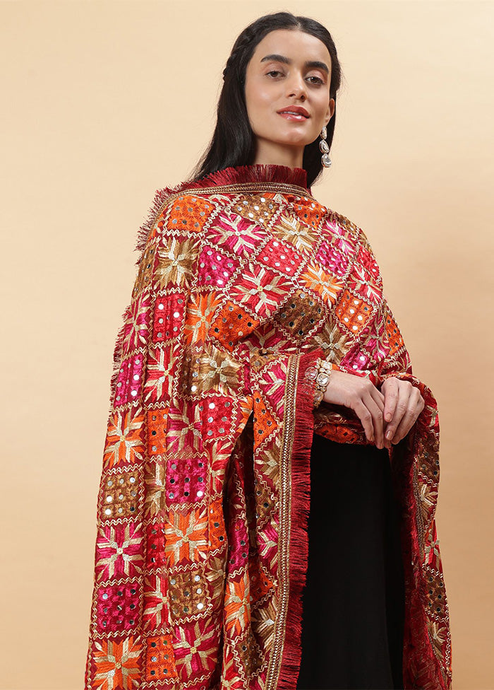 Maroon Chinon Phulkari Work Dupatta