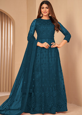 3 Pc Turquoise Unstitched Net Suit Set With Dupatta VDDIT2803252 - Indian Silk House Agencies