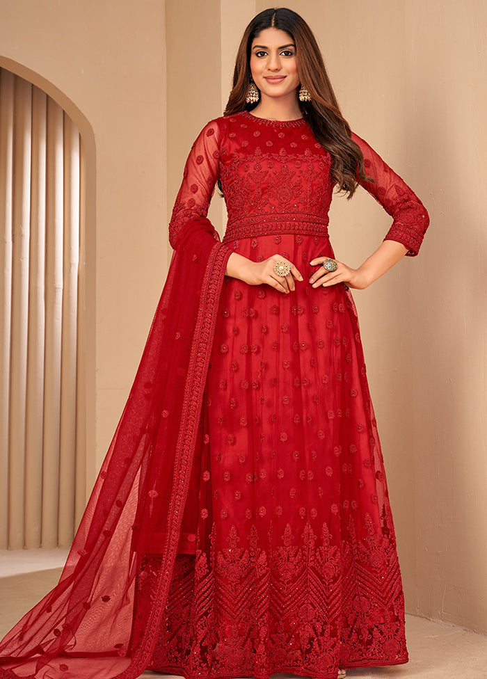 3 Pc Red Unstitched Net Suit Set With Dupatta VDDIT2803253 - Indian Silk House Agencies