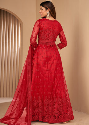 3 Pc Red Unstitched Net Suit Set With Dupatta VDDIT2803253 - Indian Silk House Agencies