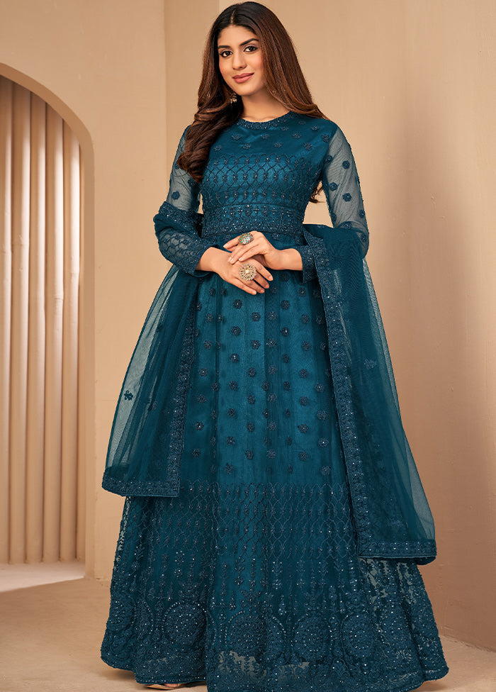 3 Pc Turquoise Unstitched Net Suit Set With Dupatta VDDIT2803255 - Indian Silk House Agencies