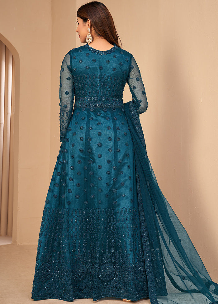 3 Pc Turquoise Unstitched Net Suit Set With Dupatta VDDIT2803255 - Indian Silk House Agencies