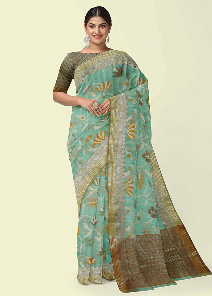 Sea Green Silk Zari Saree Without Blouse Piece