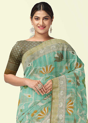 Sea Green Silk Zari Saree Without Blouse Piece