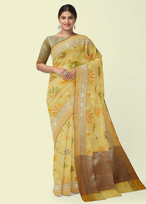 Yellow Silk Zari Saree Without Blouse Piece