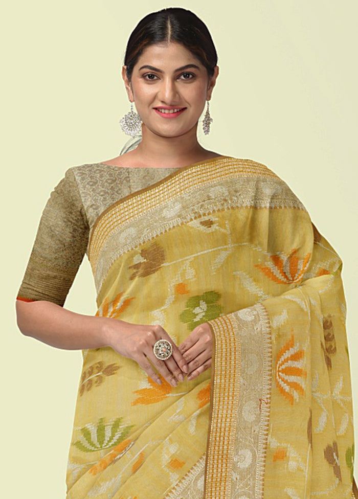 Yellow Silk Zari Saree Without Blouse Piece