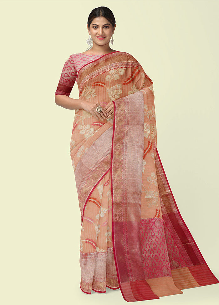 Peach Silk Zari Saree Without Blouse Piece