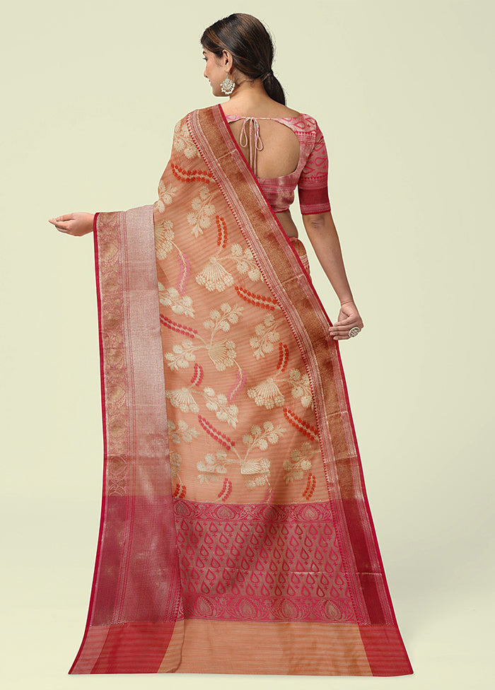 Peach Silk Zari Saree Without Blouse Piece