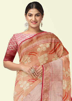 Peach Silk Zari Saree Without Blouse Piece