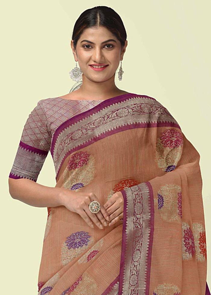 Peach Silk Zari Saree Without Blouse Piece