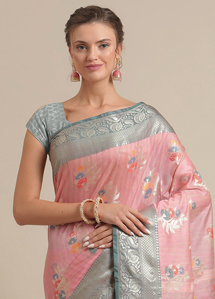 Pink Silk Zari Saree Without Blouse Piece