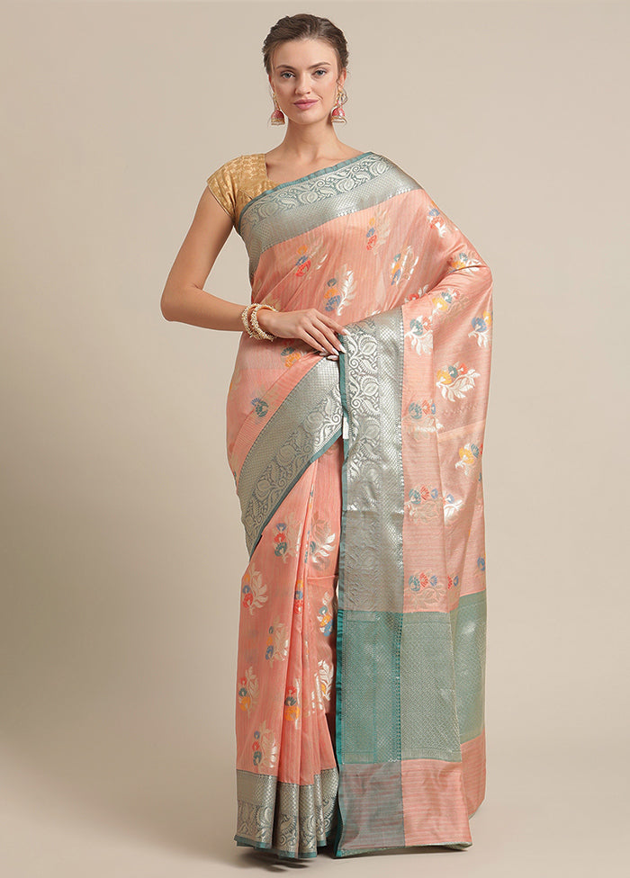 Peach Silk Zari Saree Without Blouse Piece