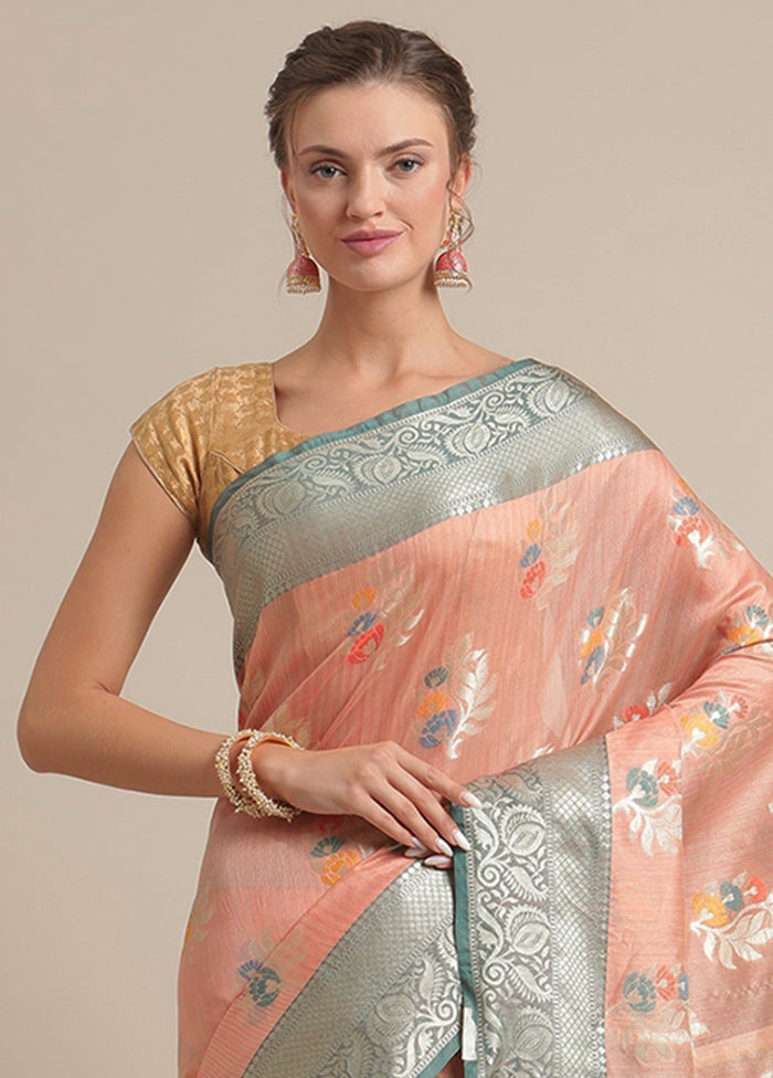 Peach Silk Zari Saree Without Blouse Piece