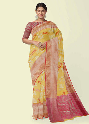 Yellow Silk Zari Saree Without Blouse Piece