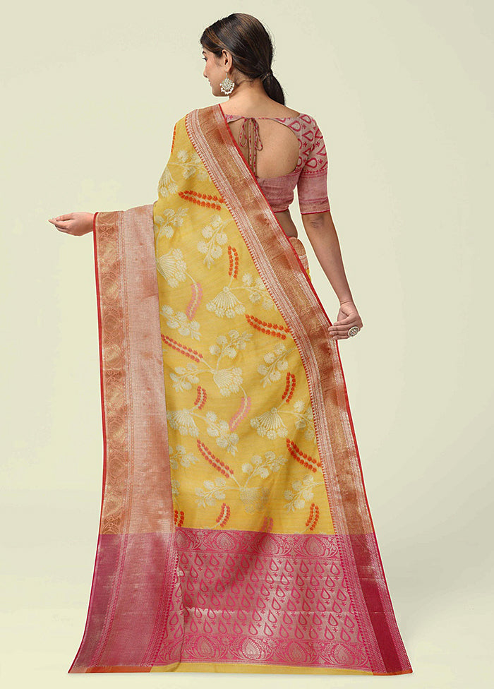 Yellow Silk Zari Saree Without Blouse Piece