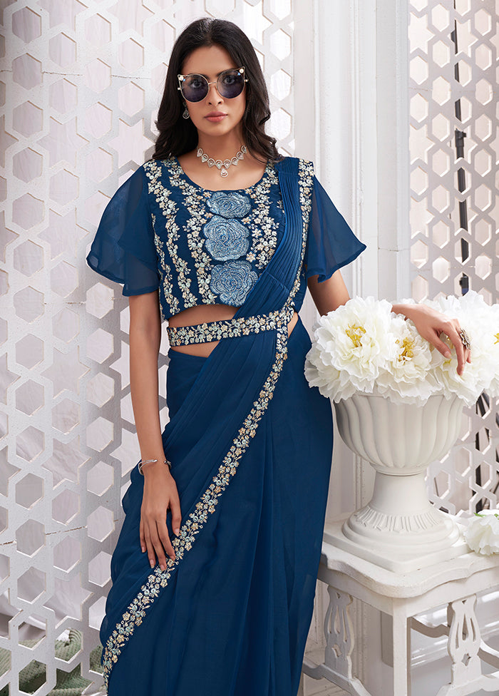 Blue Georgette Saree With Blouse Piece