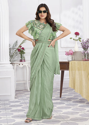 Pista Green Georgette Saree With Blouse Piece