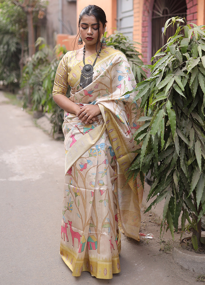 Yellow Tussar Silk Saree With Blouse Piece