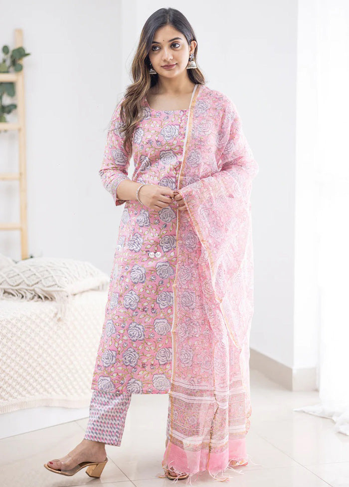 3 Pc Pink Readymade Cotton Dupatta Suit Set