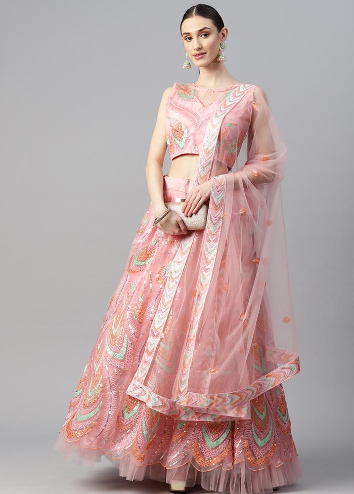 3 Pc Pink Crepe Semi Stitched Lehenga Set - Indian Silk House Agencies