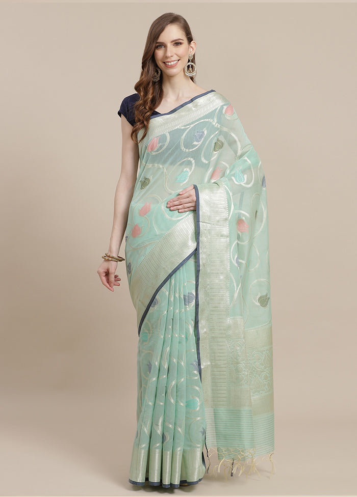 Sea Green Cotton Zari Saree Without Blouse Piece