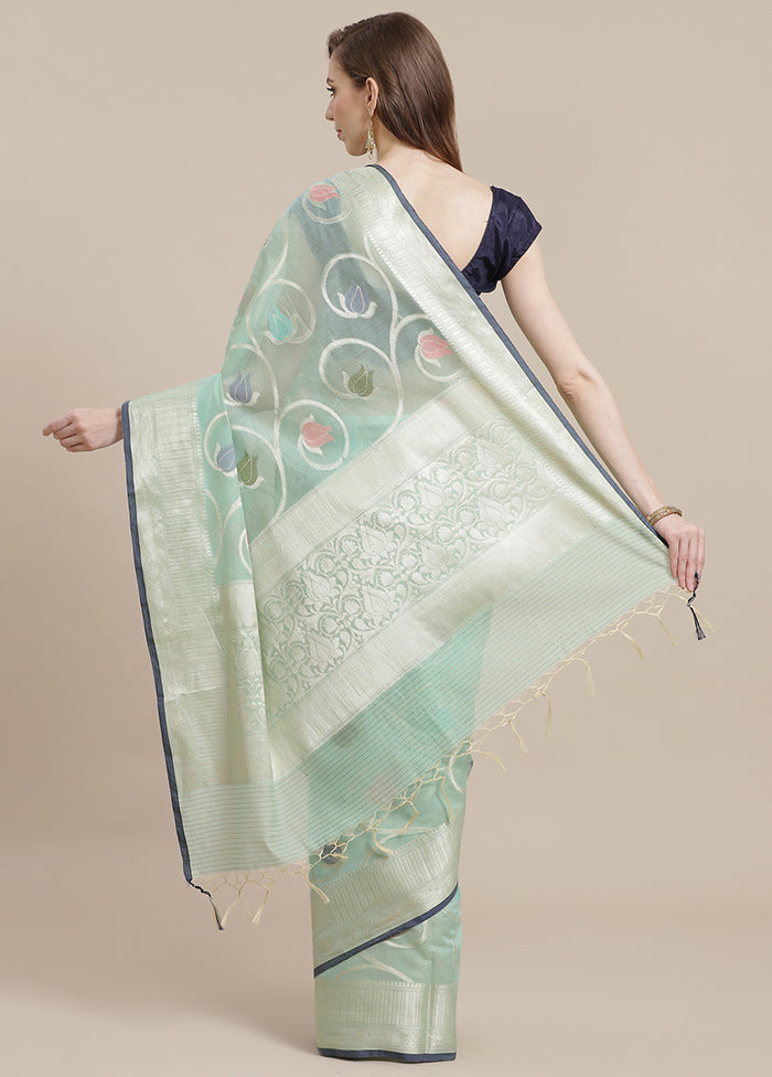 Sea Green Cotton Zari Saree Without Blouse Piece