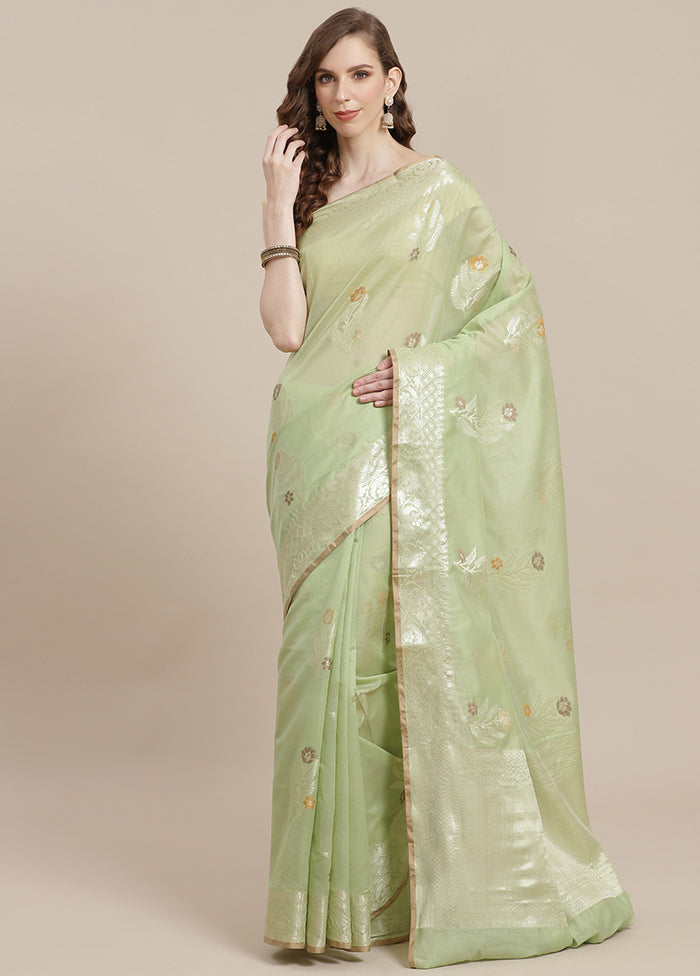 Green Cotton Zari Saree Without Blouse Piece - Indian Silk House Agencies