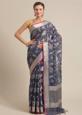 Navy Blue Cotton Zari Saree Without Blouse Piece - Indian Silk House Agencies