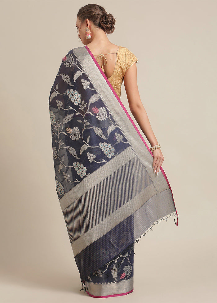 Navy Blue Cotton Zari Saree Without Blouse Piece - Indian Silk House Agencies