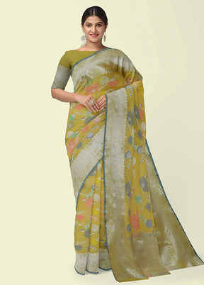 Yellow Cotton Zari Saree Without Blouse Piece