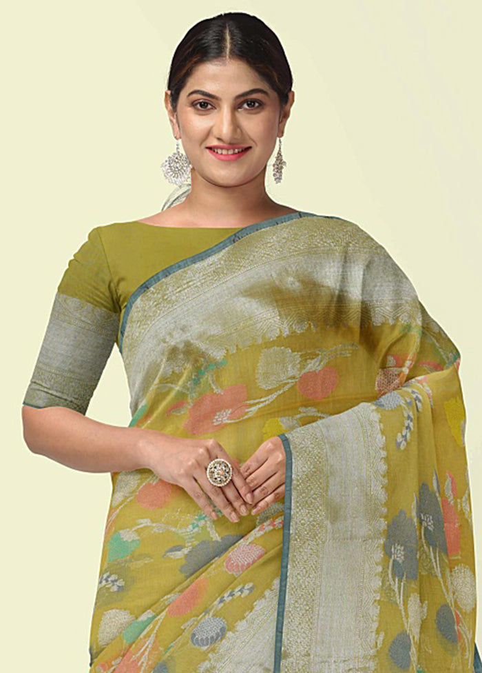 Yellow Cotton Zari Saree Without Blouse Piece