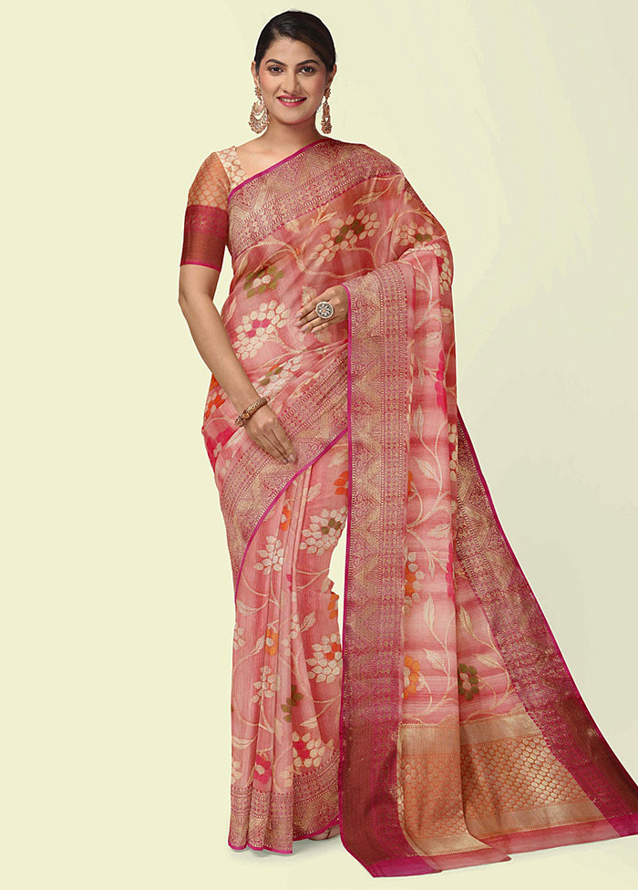 Pink Silk Zari Saree Without Blouse Piece