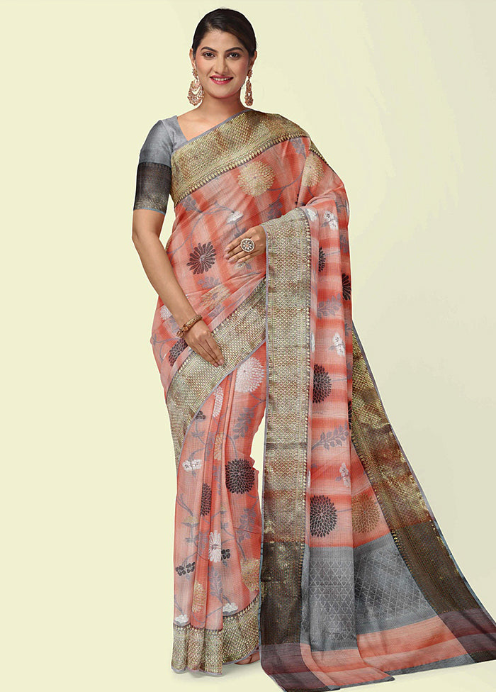 Peach Silk Zari Saree Without Blouse Piece - Indian Silk House Agencies