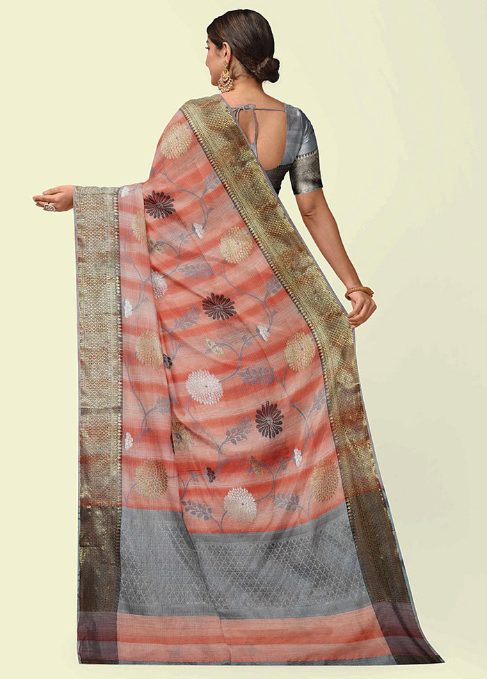 Peach Silk Zari Saree Without Blouse Piece - Indian Silk House Agencies