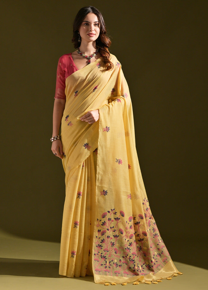 Yellow Pure Cotton Saree With Blouse Piece