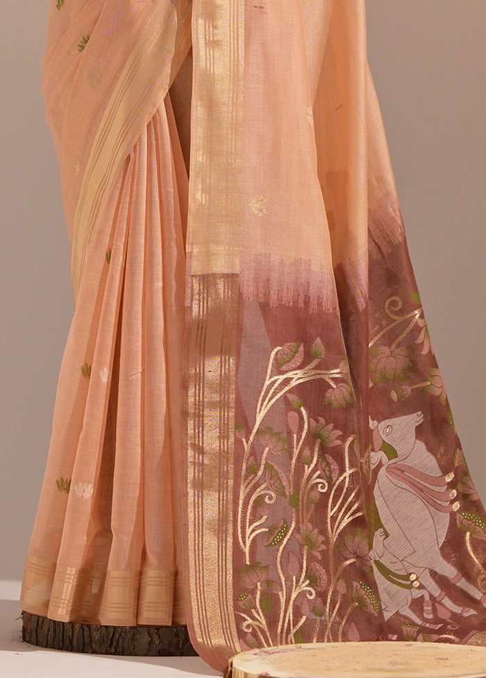 Peach Pure Cotton Saree With Blouse Piece