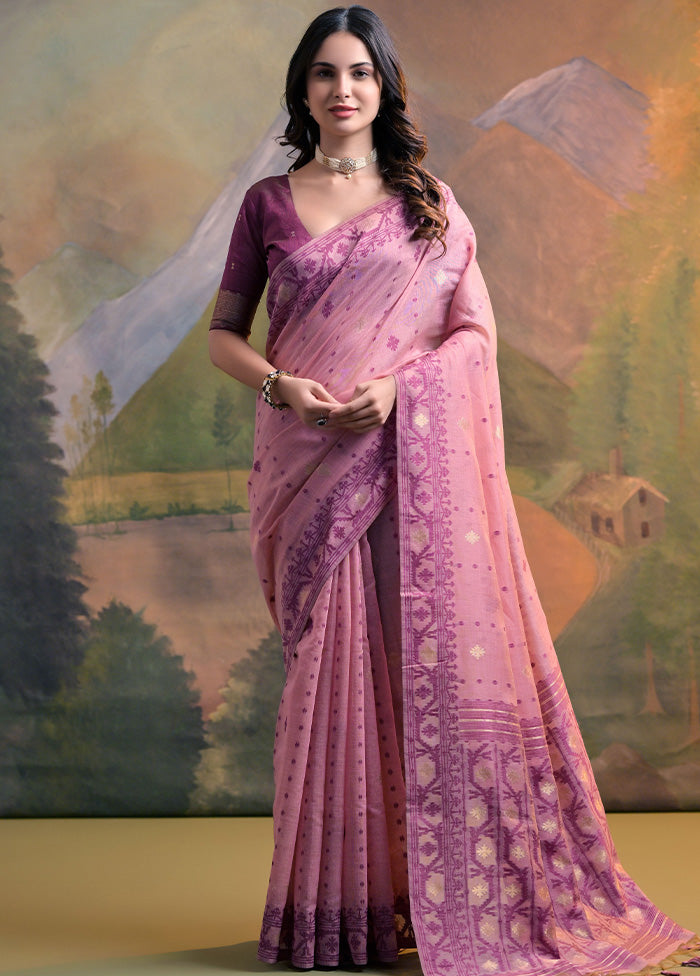 Pink Pure Cotton Saree With Blouse Piece